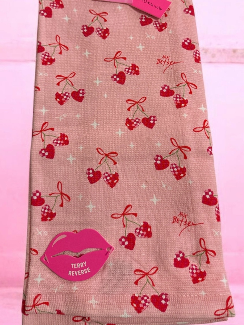 Betsey Johnson Pink Red Cherry Print Hand Towel